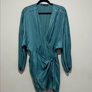 Zara Teal Satin Wrap Dress with Front Tie